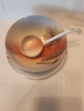 Hand-Painted Porcelain Tea Set With Ladle - Sunset Landscape